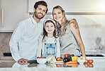 Portrait, parents or girl cooking vegetables as as happy family in a house kitchen with organic food for dinner. Development, father or mom teaching, helping or bonding with a healthy girl at home