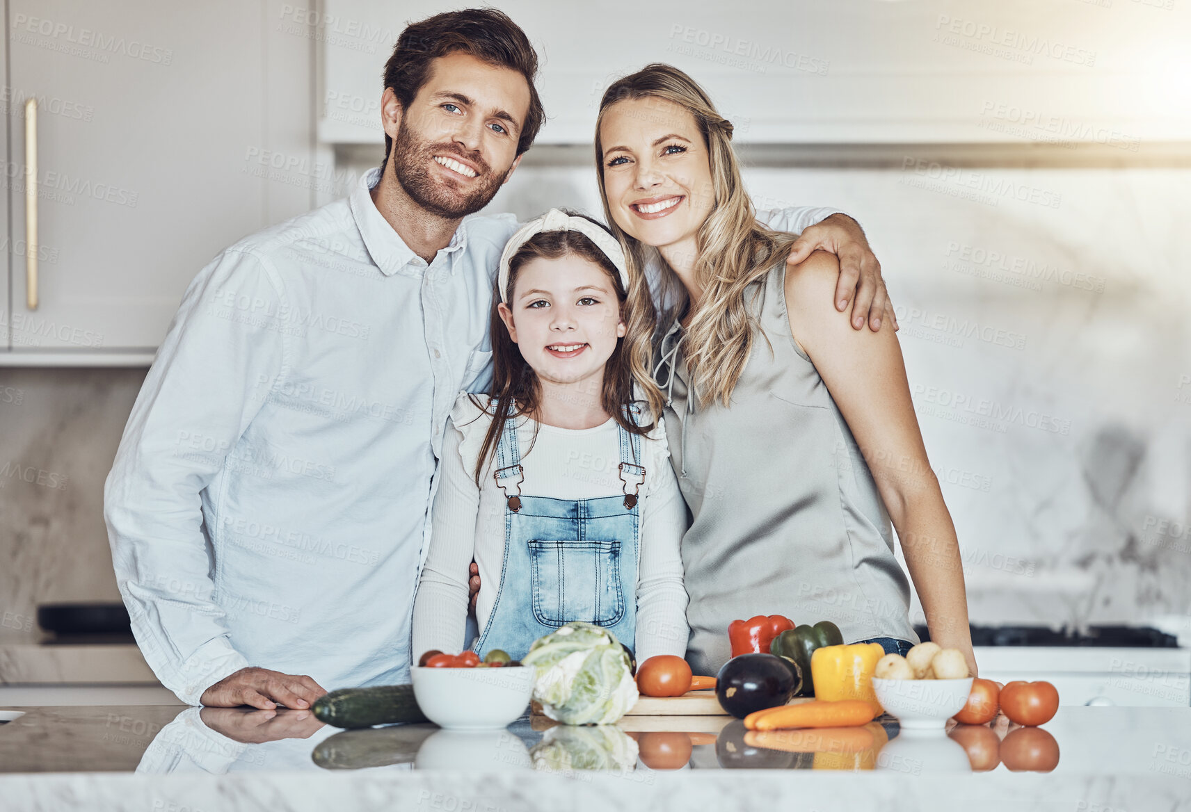 Buy stock photo Portrait, parents or girl cooking vegetables as as happy family in a house kitchen with organic food for dinner. Development, father or mom teaching, helping or bonding with a healthy child at home