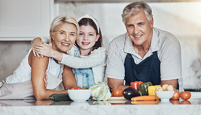 Buy stock photo Portrait, grandparents or girl cooking as a happy family in a house kitchen with organic vegetables for dinner. Grandmother, old man and young child bonding or helping with healthy vegan food diet