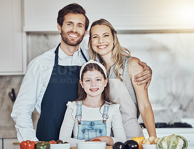 Buy stock photo Portrait, parents or girl cooking as a happy family in a house kitchen with organic vegetables in vegan dinner. Mother, father or child love to bond or helping with healthy food diet for development