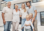 Big family, senior people and child backyard at luxury house, property or real estate in happy group portrait. Love, home and elderly parents, mother and father with kids for investment or retirement