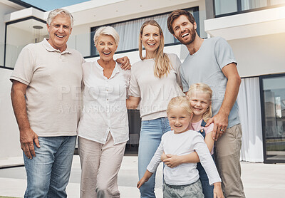 Buy stock photo Big family, senior people and child backyard at luxury house, property or real estate in happy group portrait. Love, home and elderly parents, mother and father with kids for investment or retirement