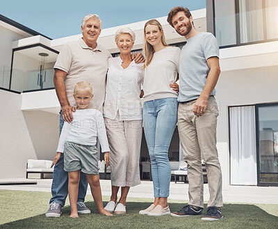 Buy stock photo Senior family, parents and child backyard at luxury house, property or real estate in happy group portrait. Love, home and people or elderly grandmother, father with kids for investment or retirement