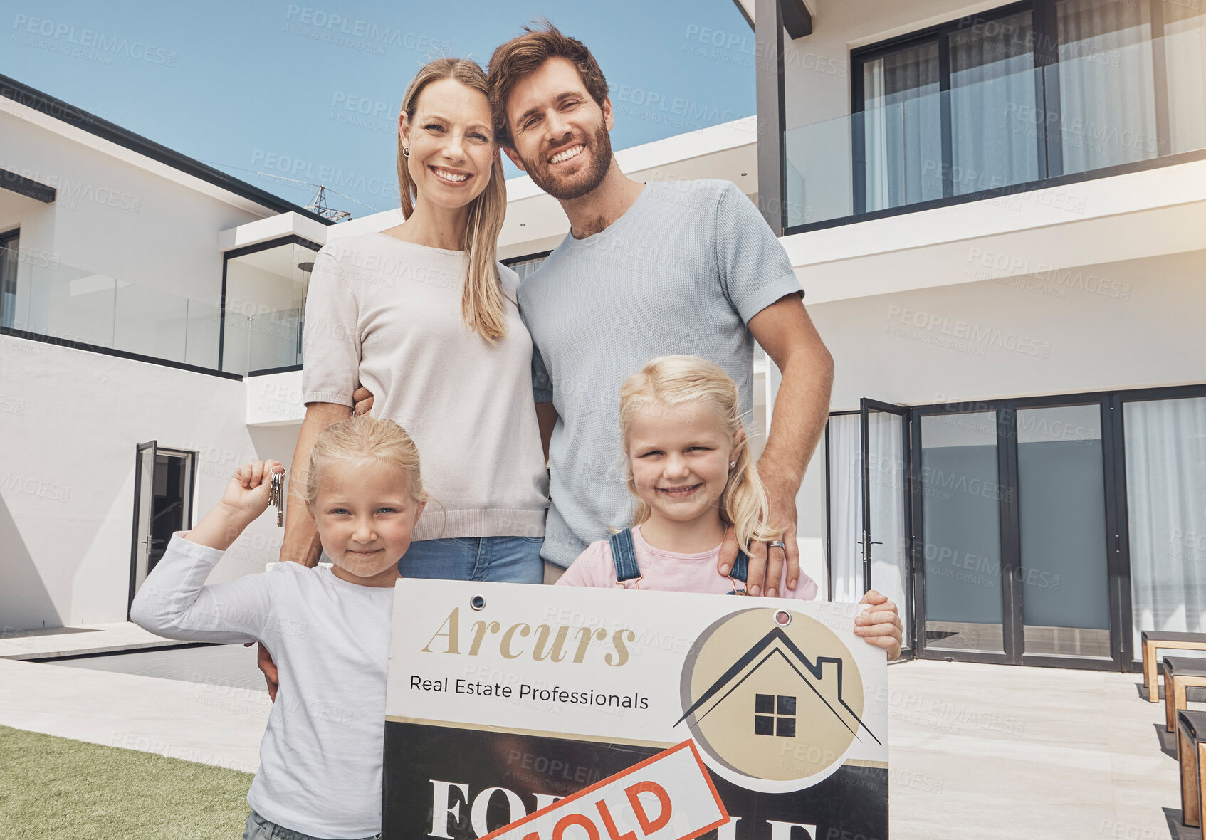 Buy stock photo Real estate, sold and portrait of family with sign after buying property and homeowner advertising. Happy, showing and parents with children, board and beginning relocation to new home from realtor