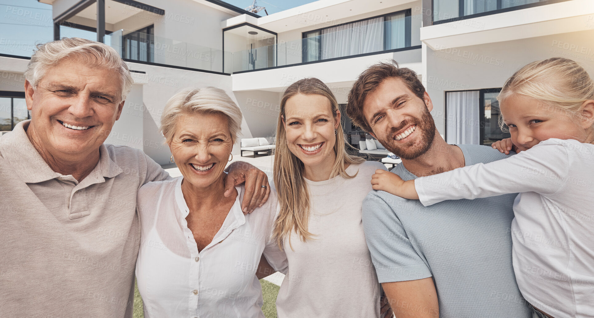Buy stock photo Senior family, parents and child on holiday, modern house and real estate happiness in group portrait. Love, hug and excited people or elderly grandmother, father and kid in backyard of luxury home