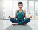 Black woman, yoga portrait and meditation with lotus exercise for fitness, peace and wellness. Young person in health studio for holistic workout, mental health and body balance with zen energy