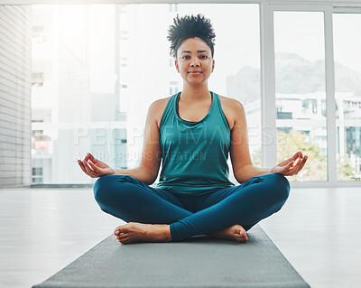Buy stock photo Black woman, yoga portrait and meditation with lotus exercise for fitness, peace and wellness. Young person in health studio for holistic workout, mental health and body balance with zen energy