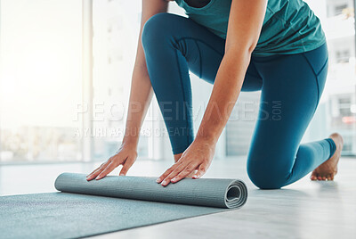 Yoga, studio and exercise mat with the hands of a black woman getting ready for a wellness workout. Fitness, training and zen with a female yogi indoor for mental health, balance or spiritual health