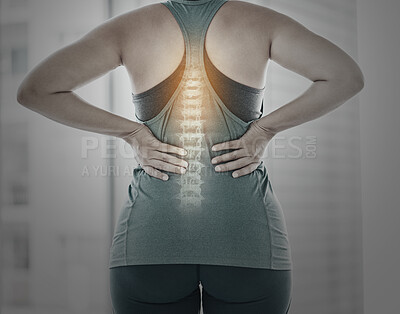 Buy stock photo Fitness, spine problem and woman with back pain, muscle and joint ache from exercise, workout and training. Sports health, anatomy and skeleton x ray of girl for osteoporosis, injury and accident