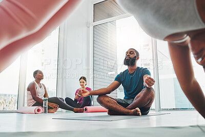 Buy stock photo Black man, yoga and meditation with lotus exercise for fitness, peace and wellness in class. Young male person in gym studio for holistic workout, mental health and body balance with zen energy