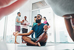 Yoga, meditation and black man do lotus exercise for fitness, peace and wellness in class. Young sports person in health studio for holistic workout, mental health and body balance with zen energy