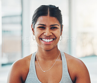 Buy stock photo Fitness, happy and portrait of a woman in the gym after a workout for health and wellness. Happiness, smile and headshot of a female model athlete standing in a sport center for exercise or training.