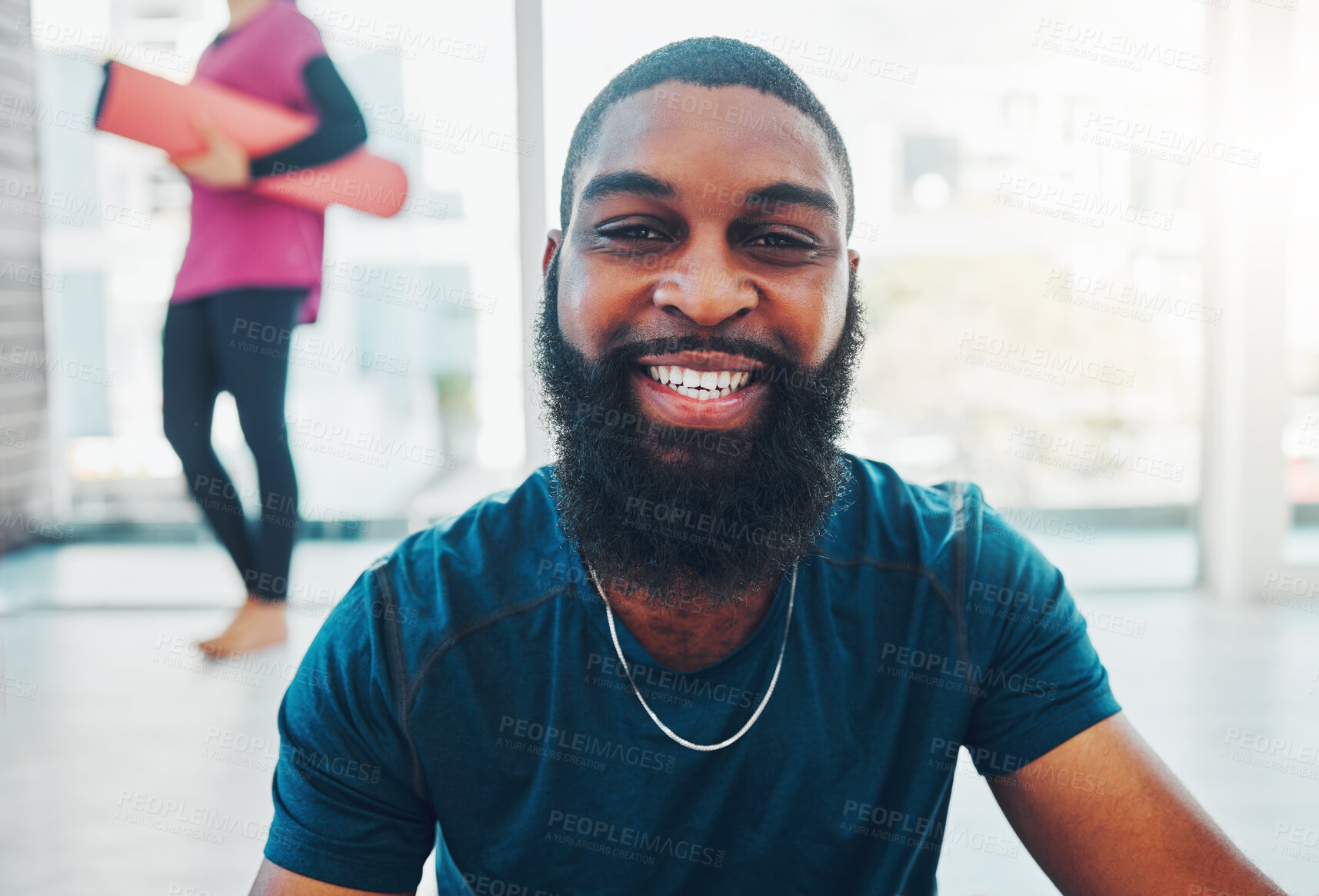 Buy stock photo Smile, fitness and portrait of a black man at the gym for training, exercise and a cardio workout for health. Happy, motivation and African athlete with happiness after a club sport for a strong body