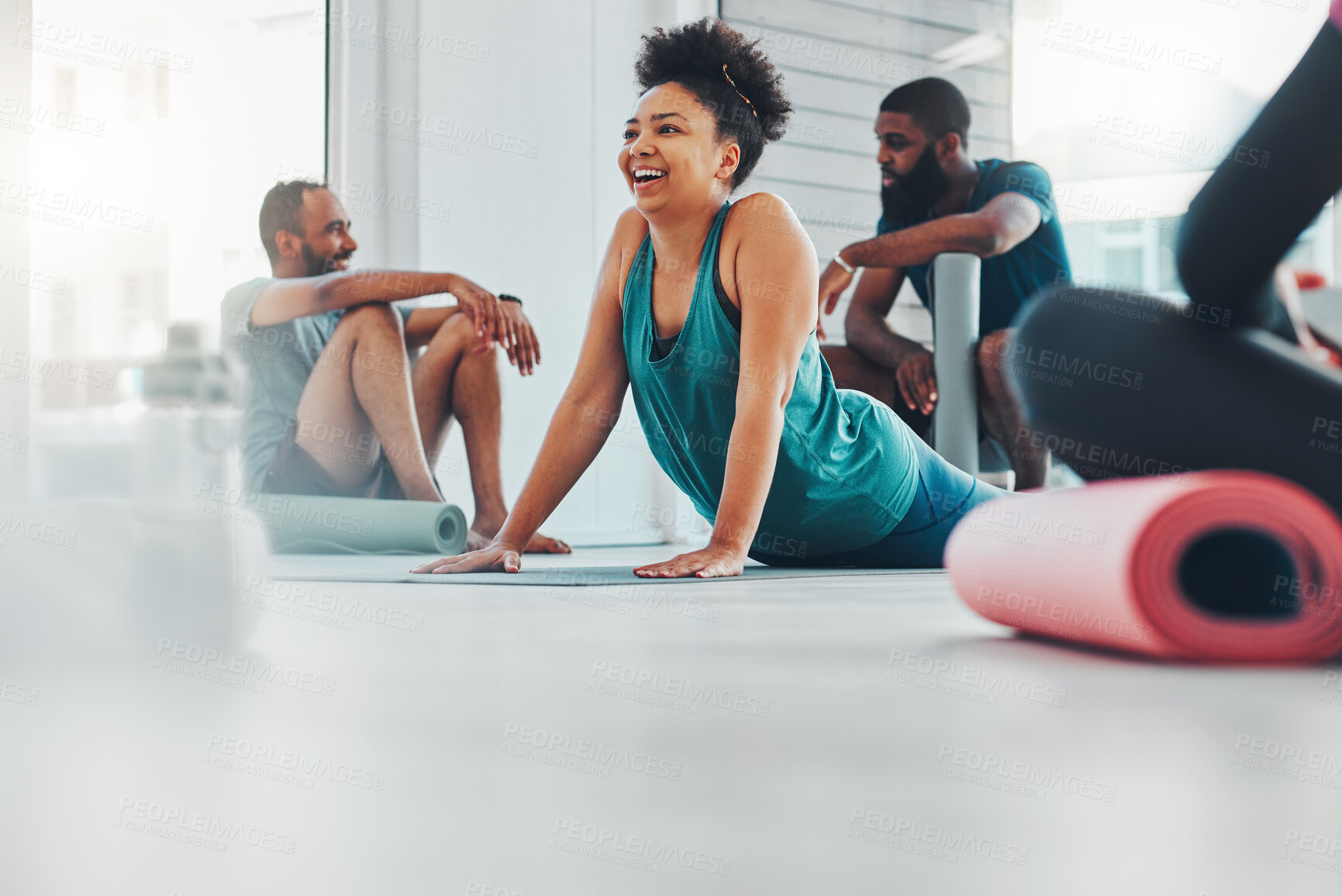 Buy stock photo Black woman, happy yoga and exercise class for fitness, peace and wellness. Diversity group in health studio for holistic workout, mental health and balance with zen energy, pilates and stretching