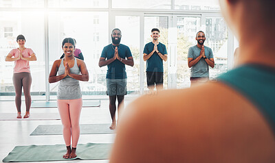 Buy stock photo Yoga class, fitness and meditation with diversity people exercise for health and wellness. Men and women in health studio for holistic workout, mental health and body balance with zen prayer hands