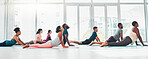 Yoga class, fitness and exercise with people together for health, diversity and wellness. Men and women in zen studio for holistic workout, mental health and body balance with cobra mockup on ground