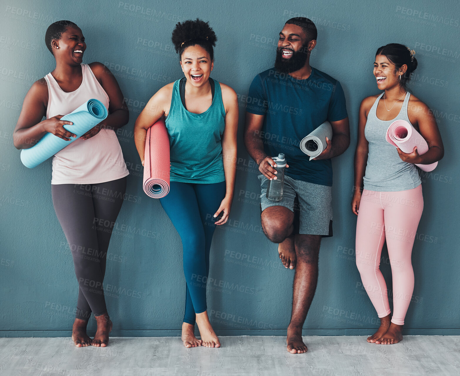 Buy stock photo Fitness, diversity and portrait friends at the gym for training, laughing and happy for exercise at a club. Smile, sports and man with women in a group for a workout, cardio or yoga in a room