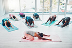 Meditation, yoga class and people exercise together for fitness, peace and wellness. Diversity men and women in health studio for holistic workout, mental health and body balance for zen on ground