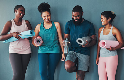 Buy stock photo Fitness, laughing and friends at the gym for training, pilates class and happy for exercise at a club. Smile, sports and man with women in a group for a workout, cardio or yoga on a studio wall