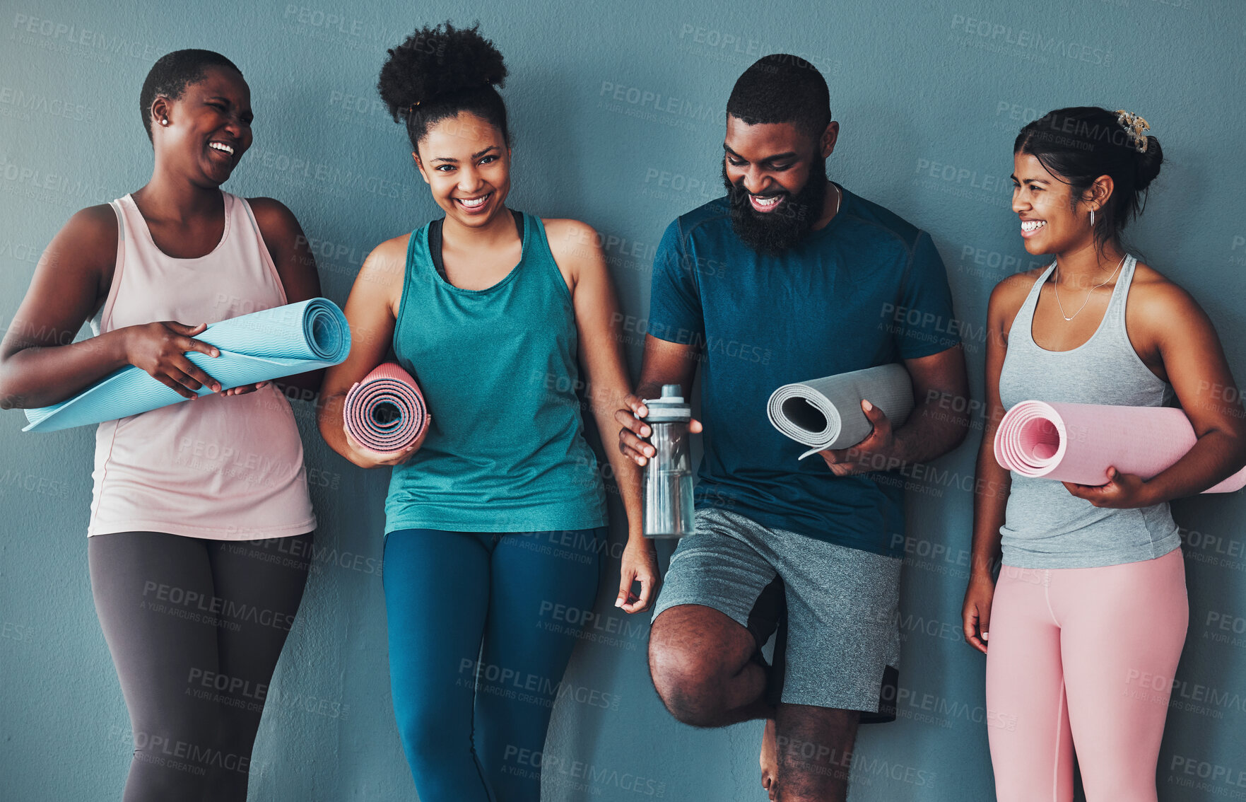 Buy stock photo Fitness, laughing and friends at the gym for training, pilates class and happy for exercise at a club. Smile, sports and man with women in a group for a workout, cardio or yoga on a studio wall