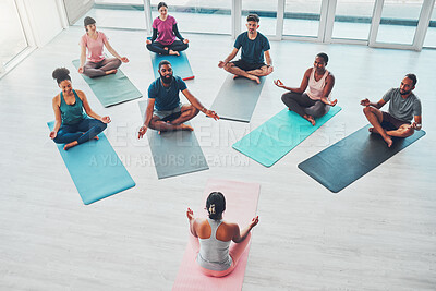 Buy stock photo Yoga class, exercise and meditation with people for fitness, health and wellness above. Diversity men and women in health studio for lotus workout, mental health and body balance with zen coach