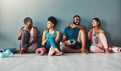 Buy stock photo Yoga, fitness group and diversity of pilates class in a gym with a exercise and training break. Talking, wellness people and communication of friends on a floor ready for zen, balance and relax