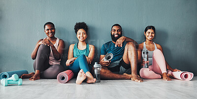 Buy stock photo Yoga, fitness portrait and black people happy at pilates class in gym with a exercise and training break. Lounge, wellness and peace of friends on floor ready for zen, balance and relax by wall