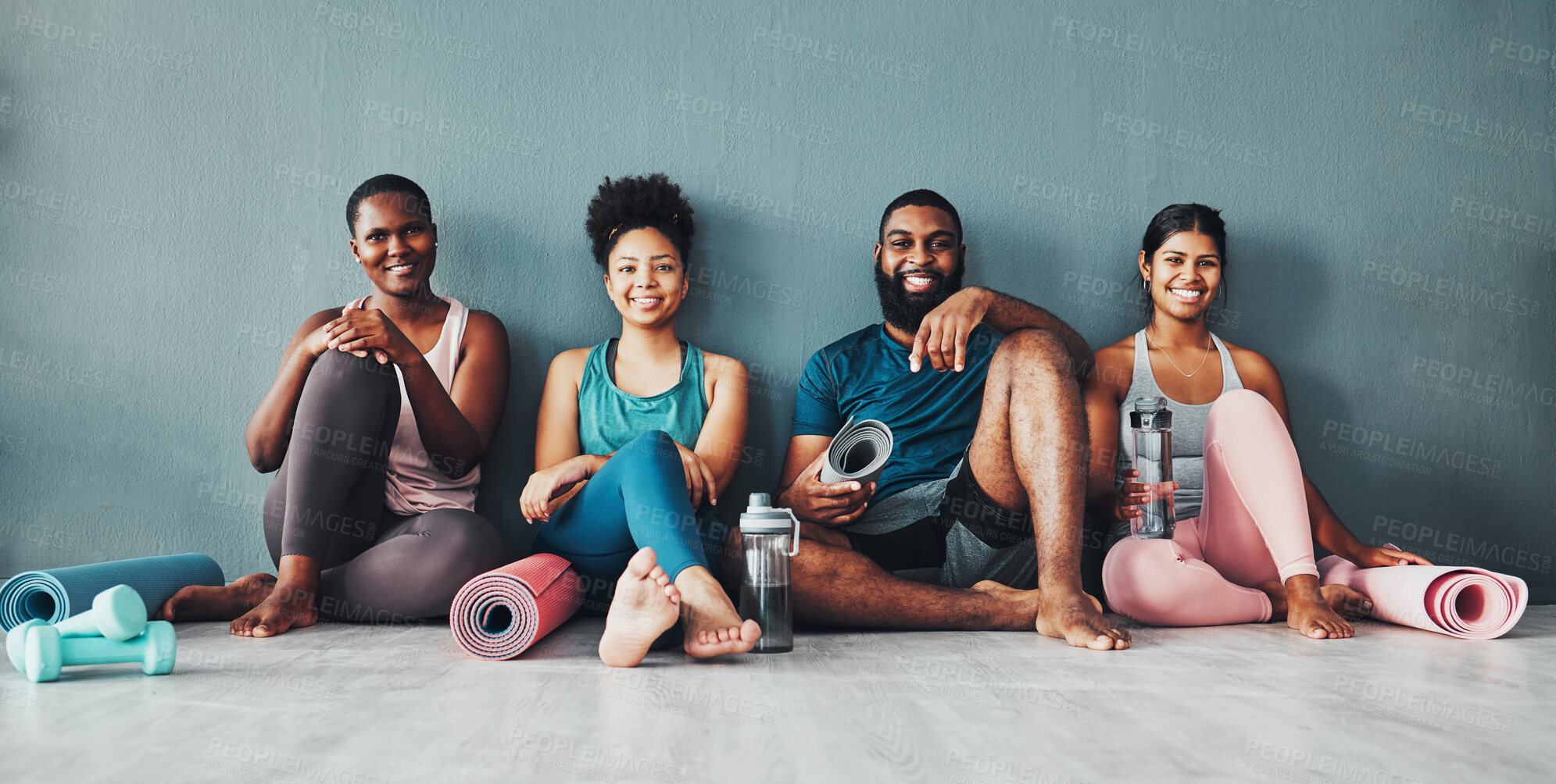 Buy stock photo Yoga, fitness portrait and black people happy at pilates class in gym with a exercise and training break. Lounge, wellness and peace of friends on floor ready for zen, balance and relax by wall