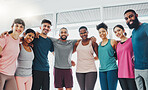 Fitness, gym and portrait of people for yoga, pilates class and excited for workout, exercise and training. Sports club, diversity and group of happy friends smile for wellness, goals and body health