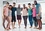 Fitness, yoga and portrait of people in class excited for pilates workout, exercise and training in gym. Sports club, diversity and group of happy friends smile for wellness, goals and healthy body
