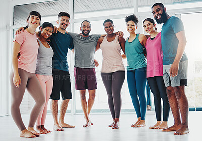 Buy stock photo Fitness, yoga and portrait of people in class excited for pilates workout, exercise and training in gym. Sports club, diversity and group of happy friends smile for wellness, goals and healthy body
