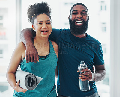 Buy stock photo Portrait, yoga and a couple of friends in a gym for fitness while laughing at a joke or being funny together. Happy, excited and joy with yogi black people joking indoor during a wellness workout