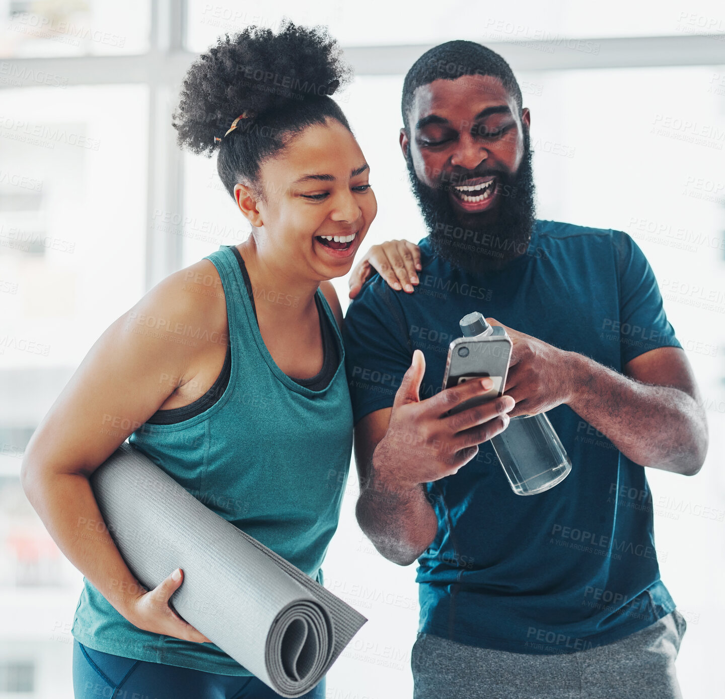 Buy stock photo Phone, meme or yoga friends on social media laughing at funny online content after a fitness class. Pilates, black woman and happy African personal trainer relaxing or enjoying crazy comedy together