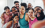 Yoga, fitness and selfie portrait of friends excited for workout, exercise goals and training together in gym. Sports club, diversity and happy people smile for motivation, support and pilates class