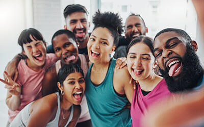 Buy stock photo Yoga, fitness and selfie portrait of friends excited for workout, exercise goal and training in gym. Sports club, social media and funny, crazy and happy group for motivation, smile and pilates class
