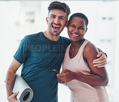 Buy stock photo Portrait, yoga and a couple of friends in a studio for fitness while holding an exercise mat and phone together. Happy, excited and joy with diversity yogi people indoor for a wellness workout