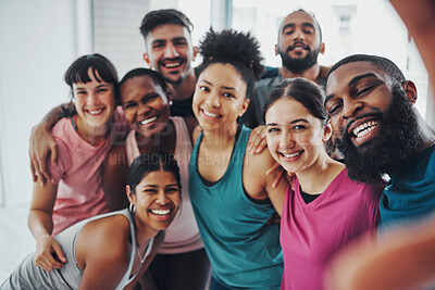 Buy stock photo Fitness, gym and selfie of group of friends excited for workout, exercise goals and training together. Sports club, diversity and portrait of happy people smile for motivation, yoga and pilates class