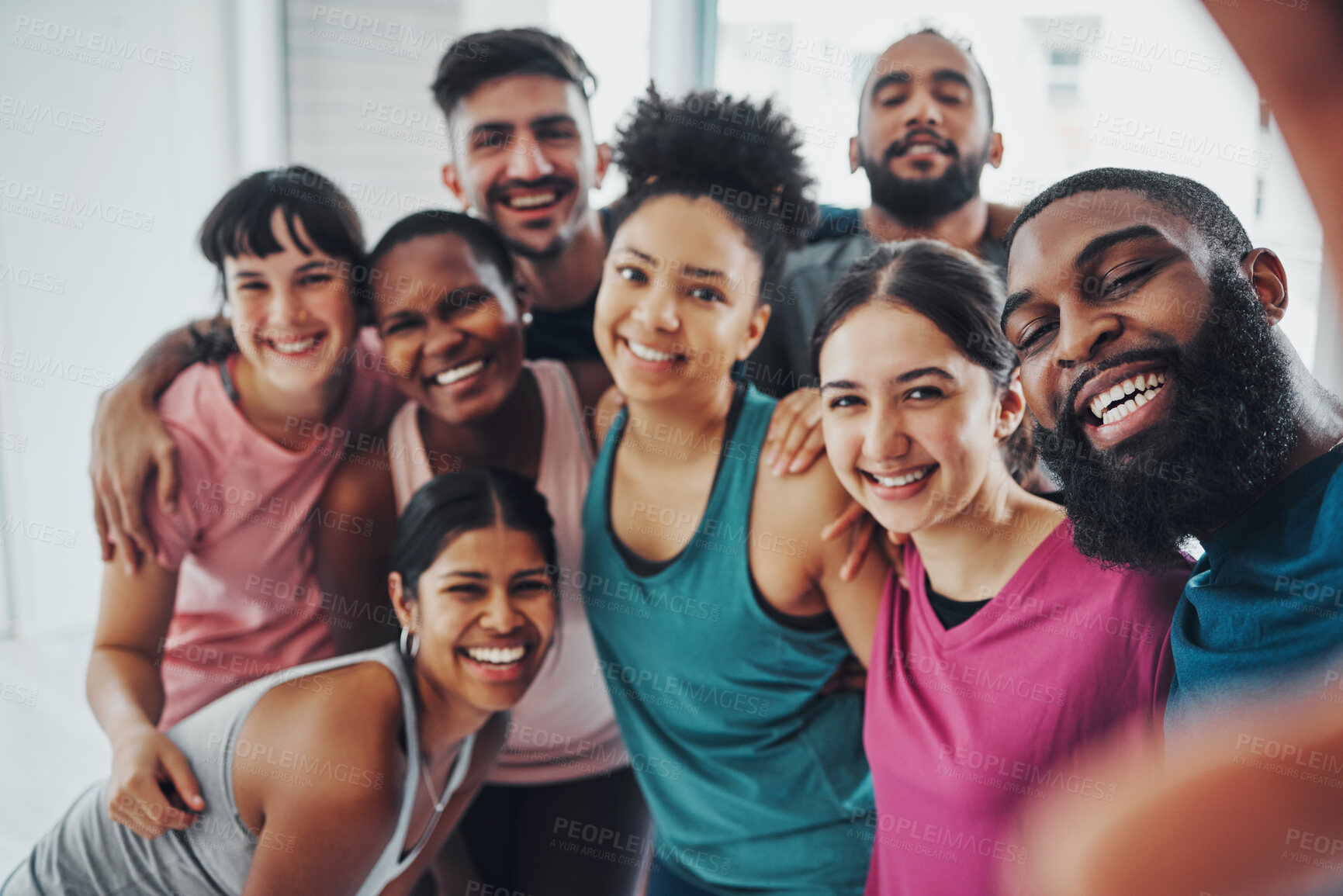 Buy stock photo Fitness, gym and selfie of group of friends excited for workout, exercise goals and training together. Sports club, diversity and portrait of happy people smile for motivation, yoga and pilates class