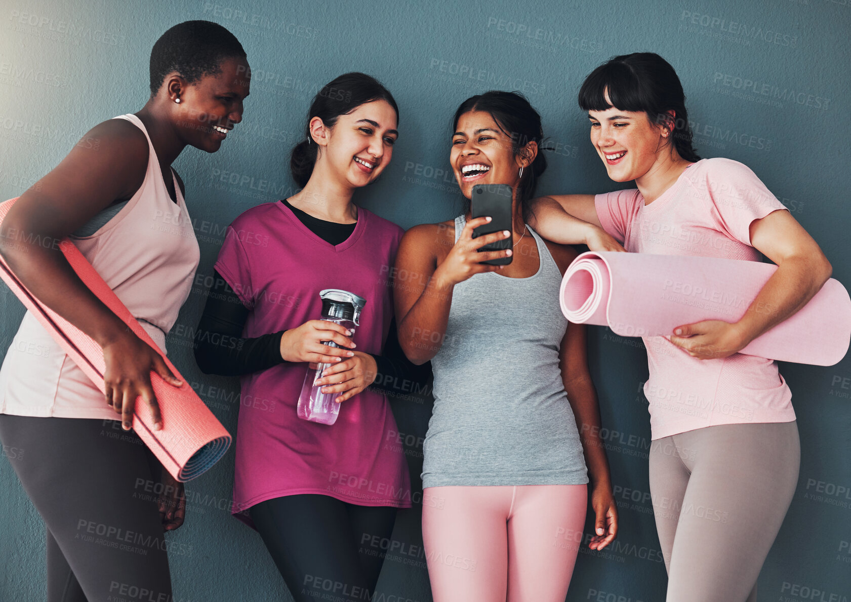 Buy stock photo Fitness friends, smartphone and funny meme on social media, communication and workout group, women at yoga together. Exercise mat, mobile app and connection with comedy online, laugh and health