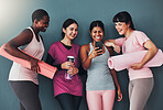 Fitness, friends and funny meme on smartphone, online comedy while at gym with women at yoga and exercise mat. Workout together, diversity and social media with connection, water bottle and health