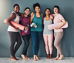 Portrait, wall and women exercise, friends and training together, bonding and motivation for workout. Fitness females and ladies with yoga mat, water bottle or ready for practice, sports or body care