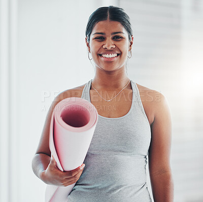 Buy stock photo Yoga, fitness portrait and black woman wellness, health and exercise goals, mission and morning inspiration. Pilates gear, sports and happy Indian person for holistic workout, training or mediation