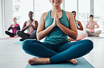 Yoga woman, meditation and exercise with prayer hands for fitness, peace and wellness. Instructor and diversity women health studio for holistic workout, mental health and body balance for zen class