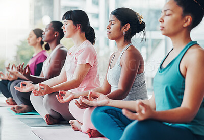 Buy stock photo Meditation exercise, yoga class and healthy women together for fitness, peace and wellness. Diversity group in lotus at health studio for holistic workout, mental health and body balance for zen mind