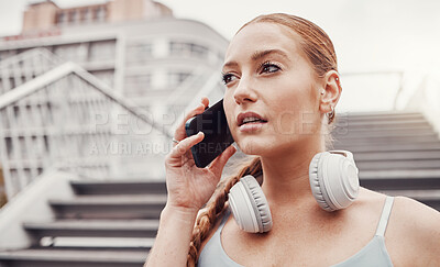 Buy stock photo City, fitness and woman with phone call, communication and talking after exercise on stairs. Health, workout and personal trainer on smartphone, conversation and connect or network in sports training