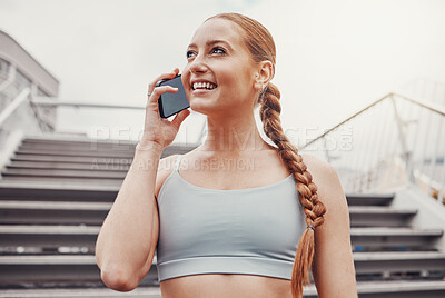 Buy stock photo City, fitness and woman with smartphone on call, communication, smile and talking after exercise. Health, workout and personal trainer on phone, conversation and connect or network in sports training