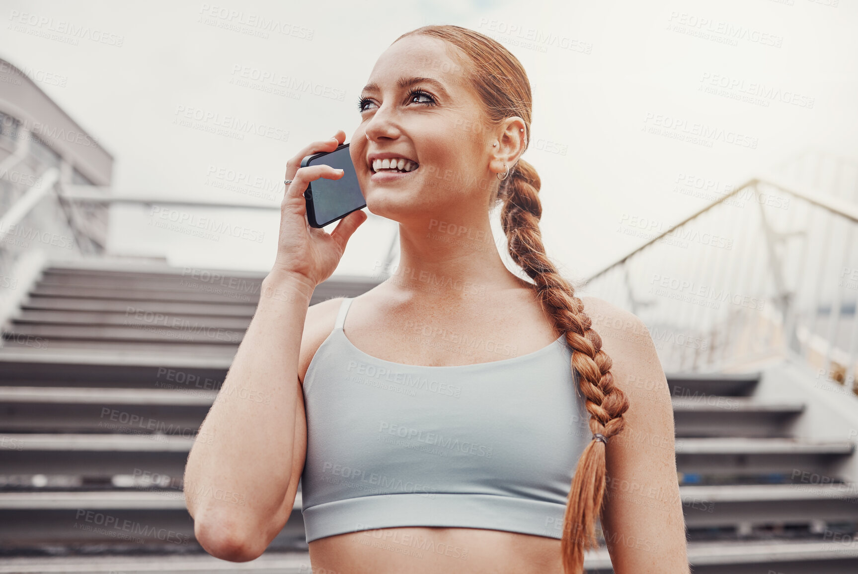Buy stock photo City, fitness and woman with smartphone on call, communication, smile and talking after exercise. Health, workout and personal trainer on phone, conversation and connect or network in sports training