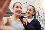 Women, friends selfie and portrait for training, wellness or profile picture in city with headphones. Happy gen z woman, exercise partnership and digital photo for social network app with solidarity