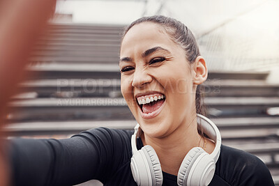 Buy stock photo Woman, face and selfie with headphones and exercise in city, happy in Brazil, laughter and fitness outdoor. Runner, cardio and happiness in picture, health and wellness with active lifestyle