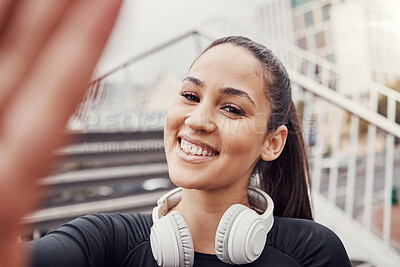 Buy stock photo Woman, face and selfie with headphones and fitness in city, happy in Brazil, smile in portrait and exercise outdoor. Runner, cardio and happiness in picture, health and wellness with active lifestyle